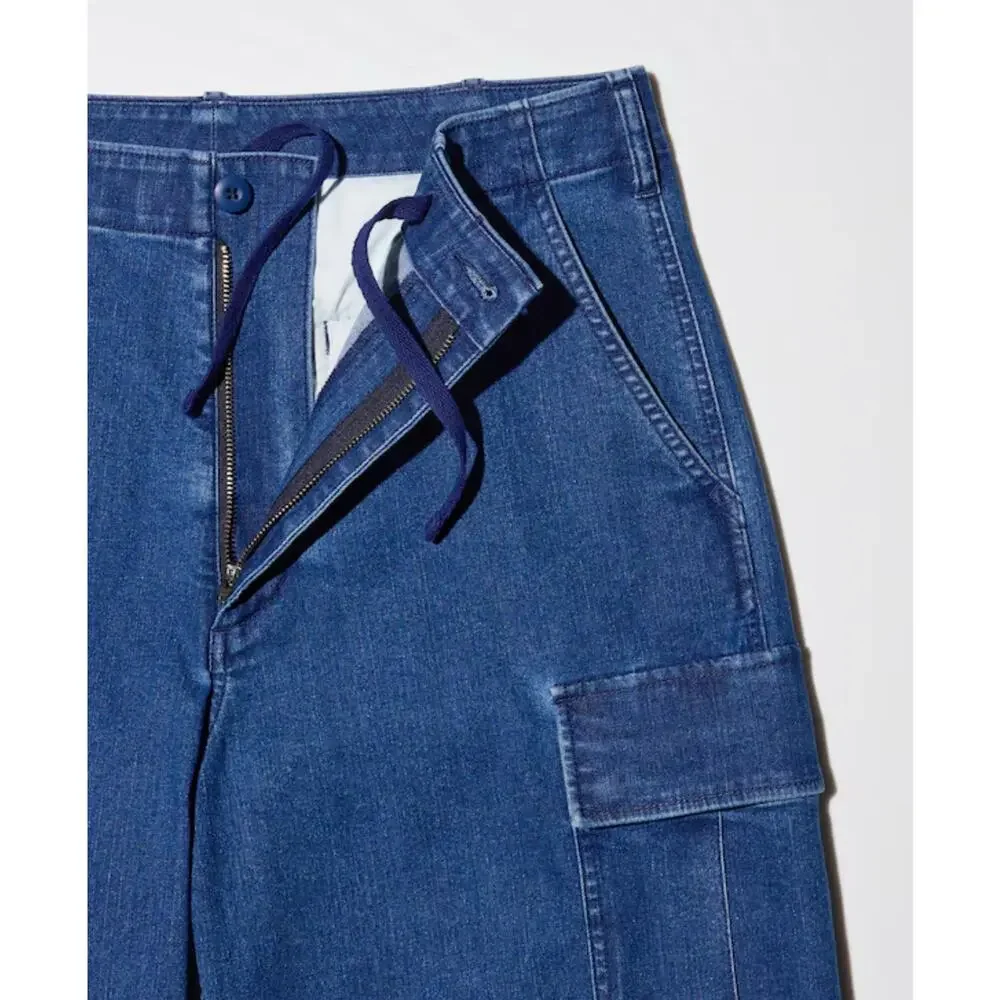 Uniqlo Wide Fit Denim Cargo Pants Mens Size L Drawstring‎ Stretch Streetwear - Picture 7 of 14
